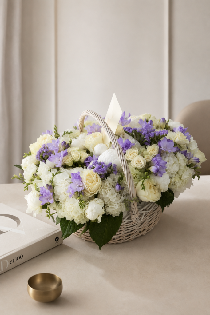 The Beacon Hill Blossom white peony, rose, hydrangea and lavender freesia basket