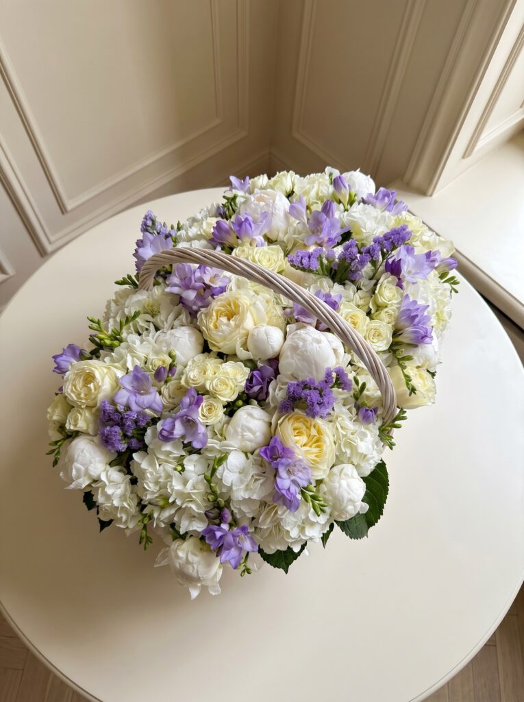 Luxury white and lavender flower basket with peonies and hydrangeas
