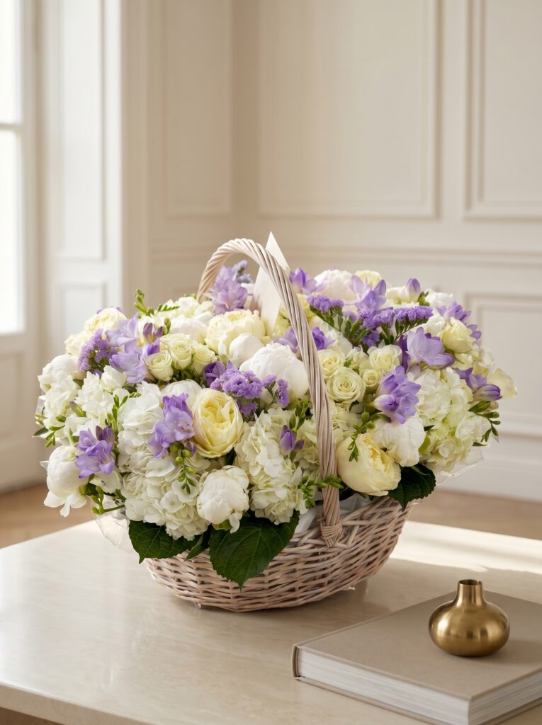 Side view of The Beacon Hill Blossom woven floral basket