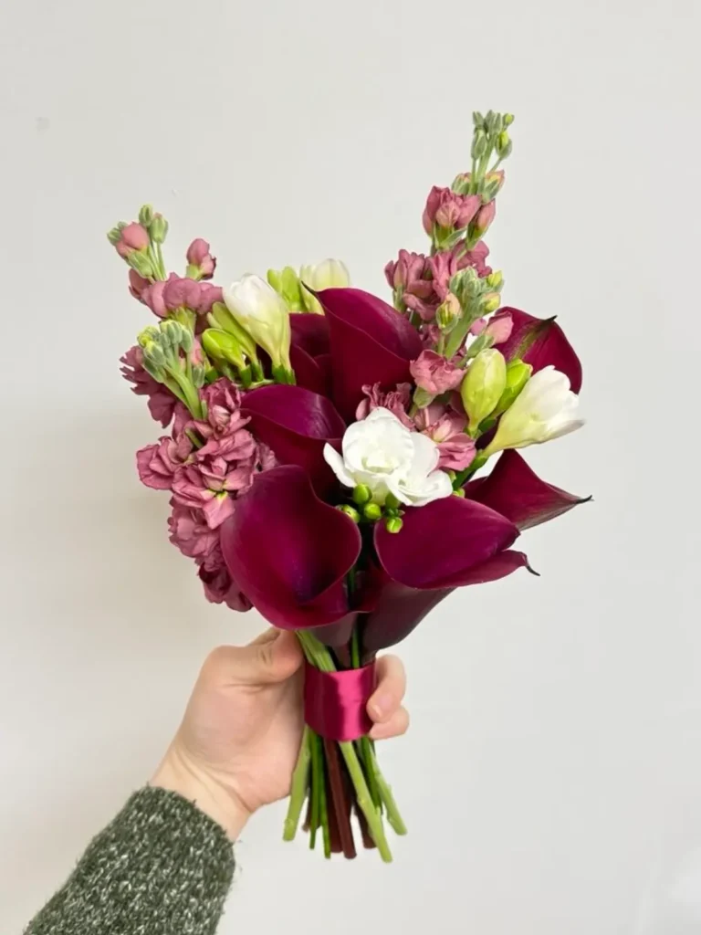Beacon Hill Bridal Bouquet Mixed Flowers, Matthiola & Delphinium bouquet in White, Cream & Ivory and Burgundy & Plum for premium flower delivery in Boston