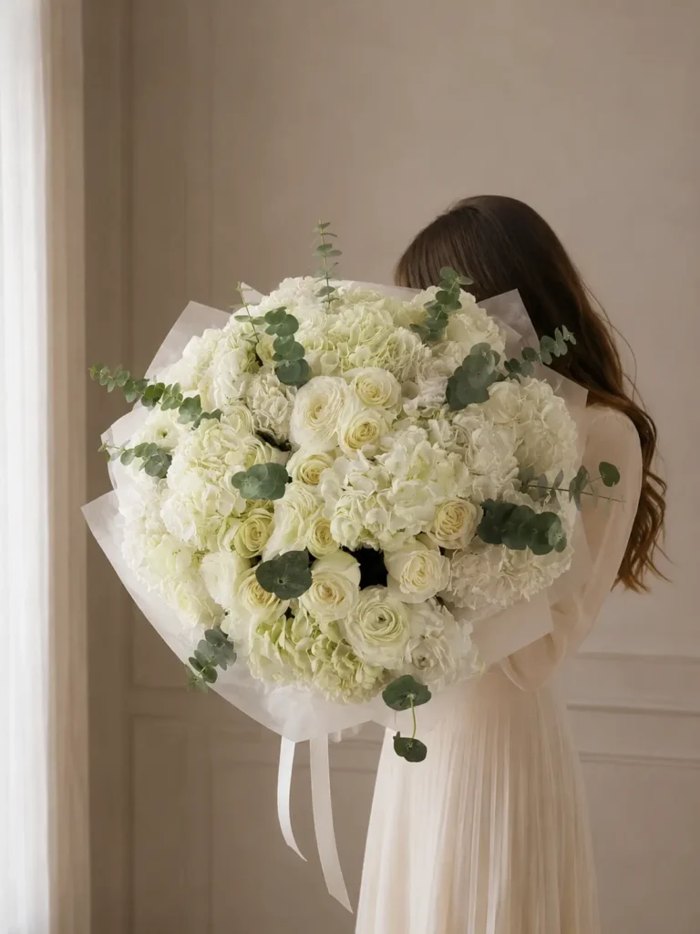 Beacon Hill Imperial White Grand Mix Roses, Hydrangeas, Mixed Flowers bouquet in White, Cream & Ivory for premium flower delivery in Boston