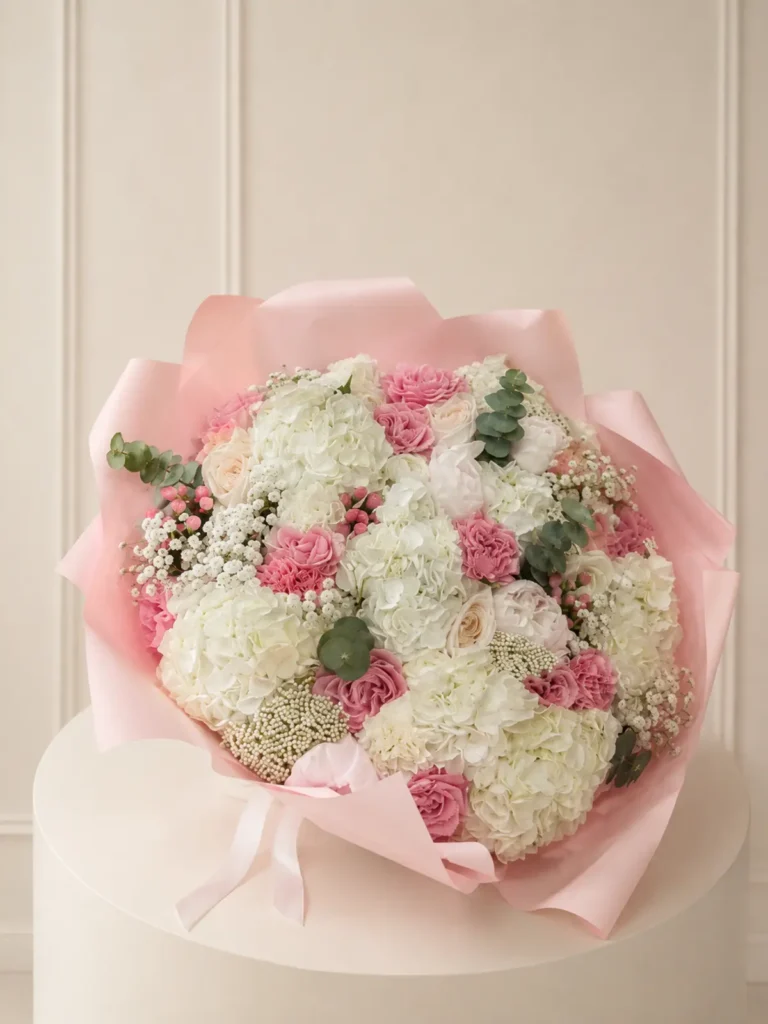 Beacon Hill Romance Roses, Hydrangeas, Mixed Flowers bouquet in White, Cream & Ivory and Blush, Pink & Pastel for premium flower delivery in Boston