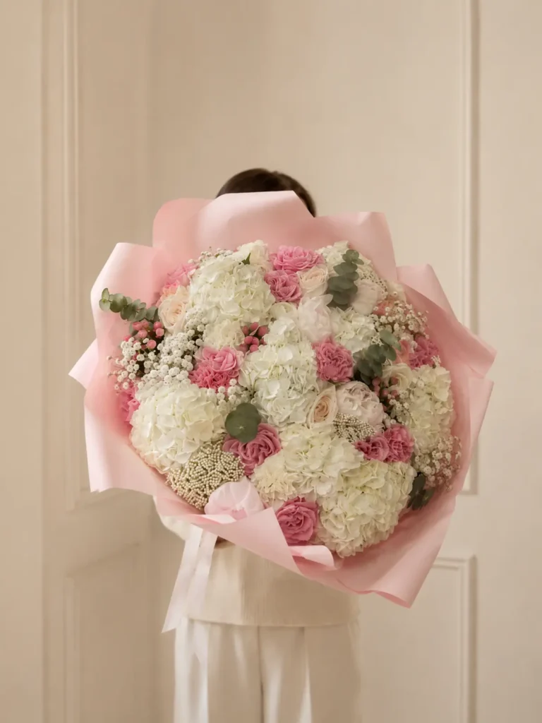 Beacon Hill Romance Roses, Hydrangeas, Mixed Flowers bouquet in White, Cream & Ivory and Blush, Pink & Pastel for premium flower delivery in Boston