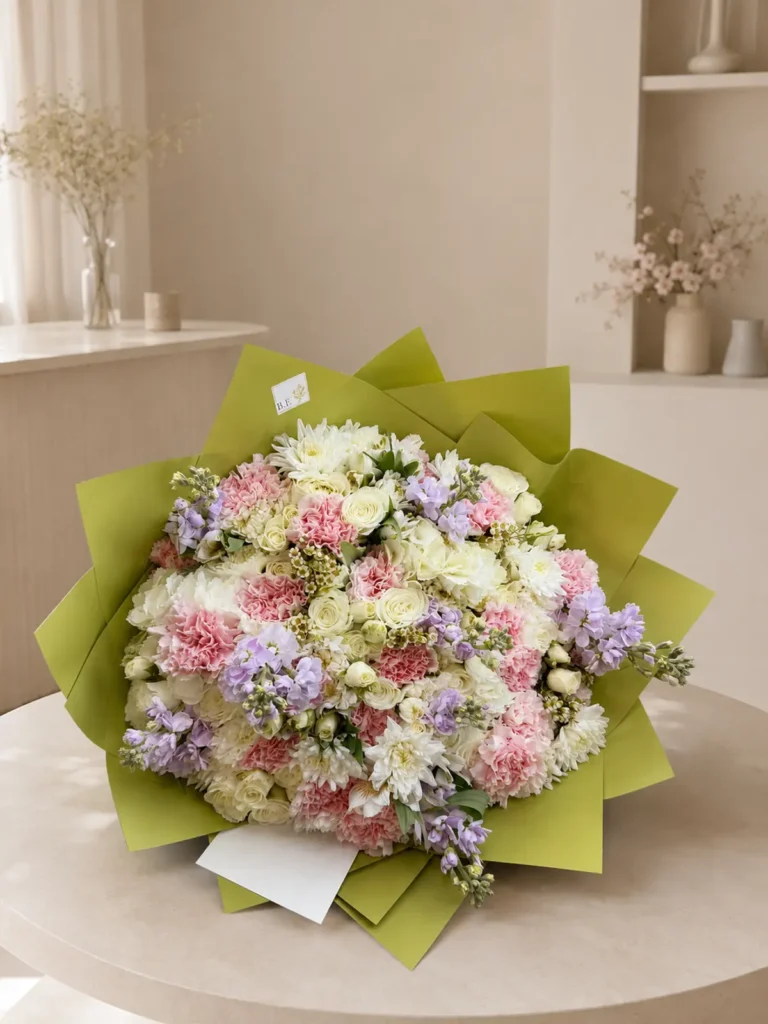 Berkshire Blossom Symphony Roses, Matthiola & Delphinium, Mixed Flowers bouquet in White, Cream & Ivory and Blush, Pink & Pastel for premium flower delivery in Boston