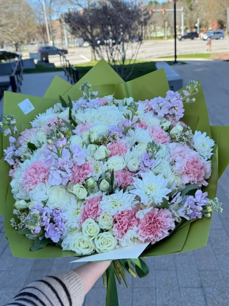 Berkshire Blossom Symphony Roses, Matthiola & Delphinium, Mixed Flowers bouquet in White, Cream & Ivory and Blush, Pink & Pastel for premium flower delivery in Boston