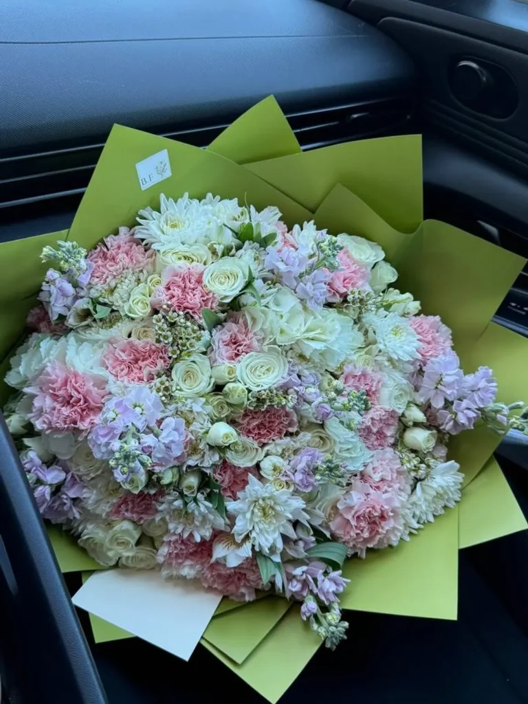 Berkshire Blossom Symphony Roses, Matthiola & Delphinium, Mixed Flowers bouquet in White, Cream & Ivory and Blush, Pink & Pastel for premium flower delivery in Boston