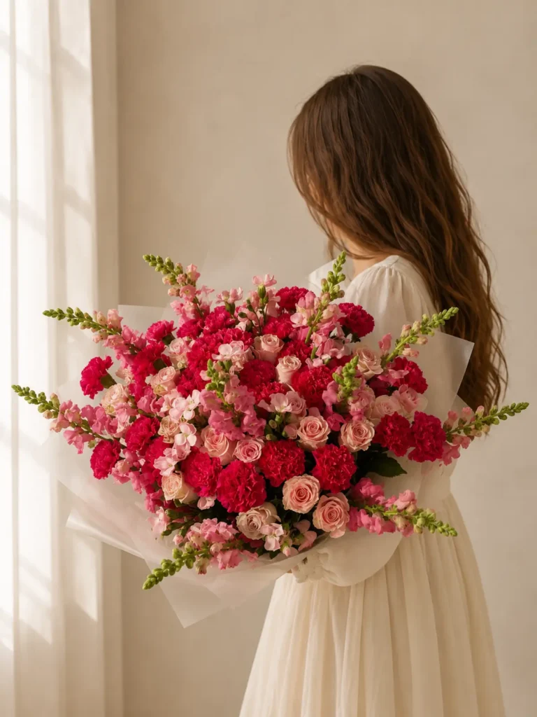 Cambridge Crimson Passion Mix Roses, Mixed Flowers bouquet in White, Cream & Ivory and Blush, Pink & Pastel for premium flower delivery in Boston