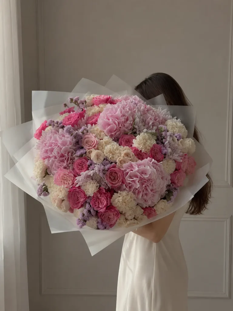 Cape Cod Panorama Grand Mix Roses, Garden Roses, Hydrangeas bouquet in White, Cream & Ivory and Blush, Pink & Pastel for premium flower delivery in Boston