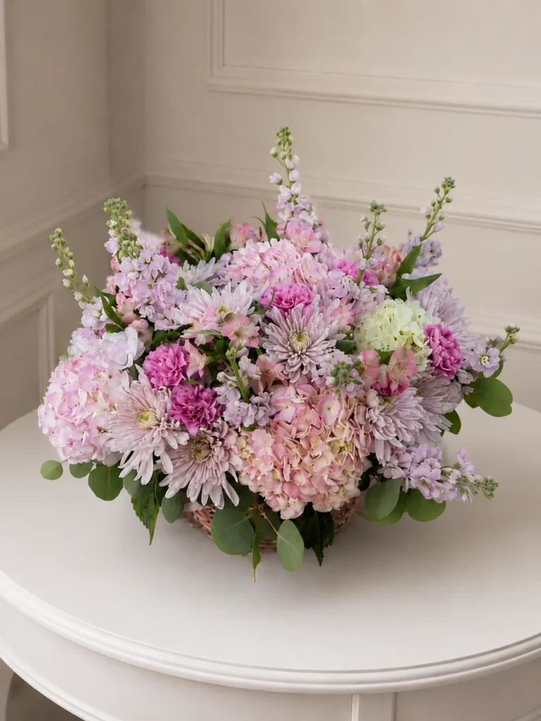 Concord Heirloom Floral Basket Hydrangeas, Mixed Flowers bouquet in White, Cream & Ivory and Blush, Pink & Pastel for premium flower delivery in Boston