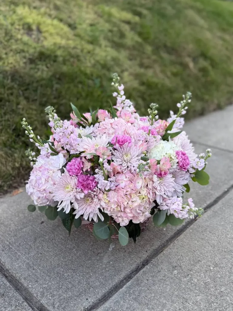 Concord Heirloom Floral Basket Hydrangeas, Mixed Flowers bouquet in White, Cream & Ivory and Blush, Pink & Pastel for premium flower delivery in Boston