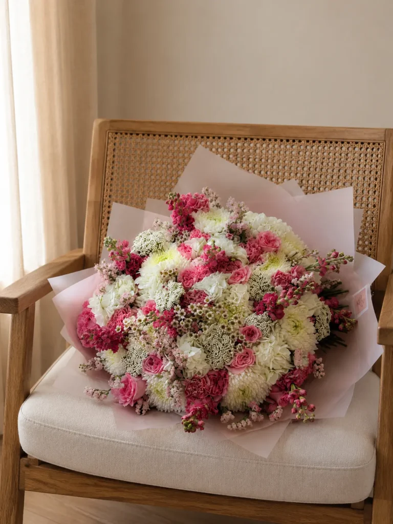 Connecticut Valley Meadow Roses, Hydrangeas, Matthiola & Delphinium bouquet in White, Cream & Ivory and Blush, Pink & Pastel for premium flower delivery in Boston