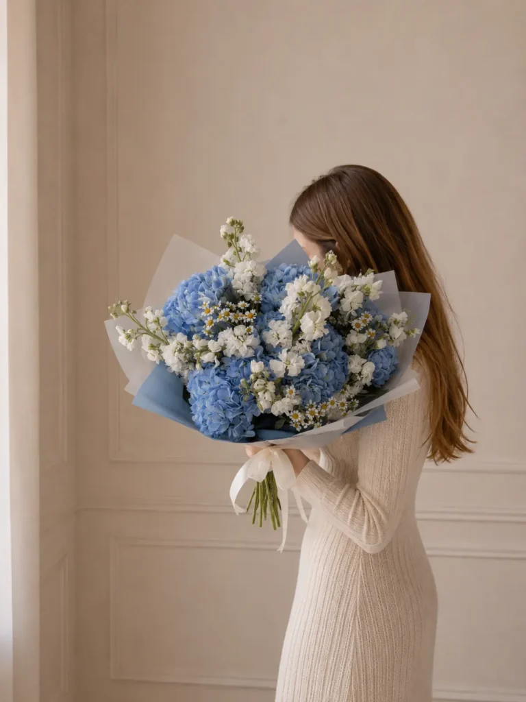 Kennebunkport Harbour Breeze Hydrangeas, Matthiola & Delphinium, Mixed Flowers bouquet in White, Cream & Ivory and Blue & Palette Mix for premium flower delivery in Boston