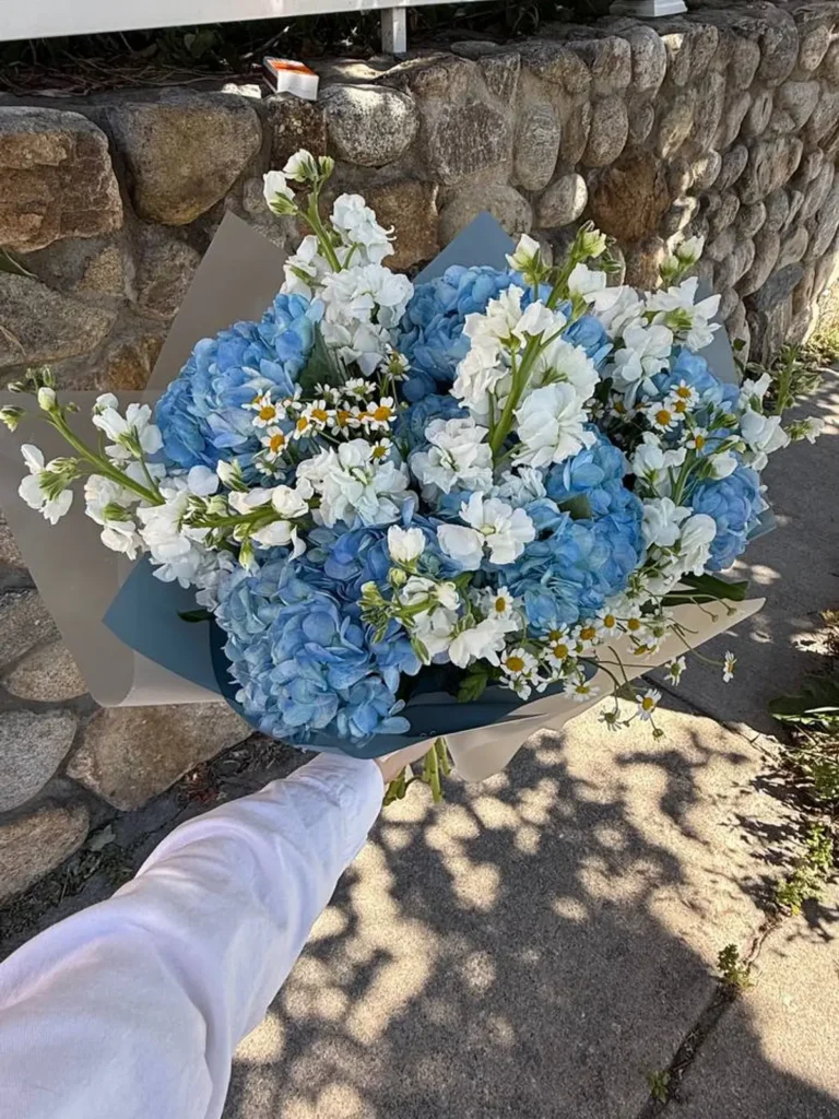 Kennebunkport Harbour Breeze Hydrangeas, Matthiola & Delphinium, Mixed Flowers bouquet in White, Cream & Ivory and Blue & Palette Mix for premium flower delivery in Boston