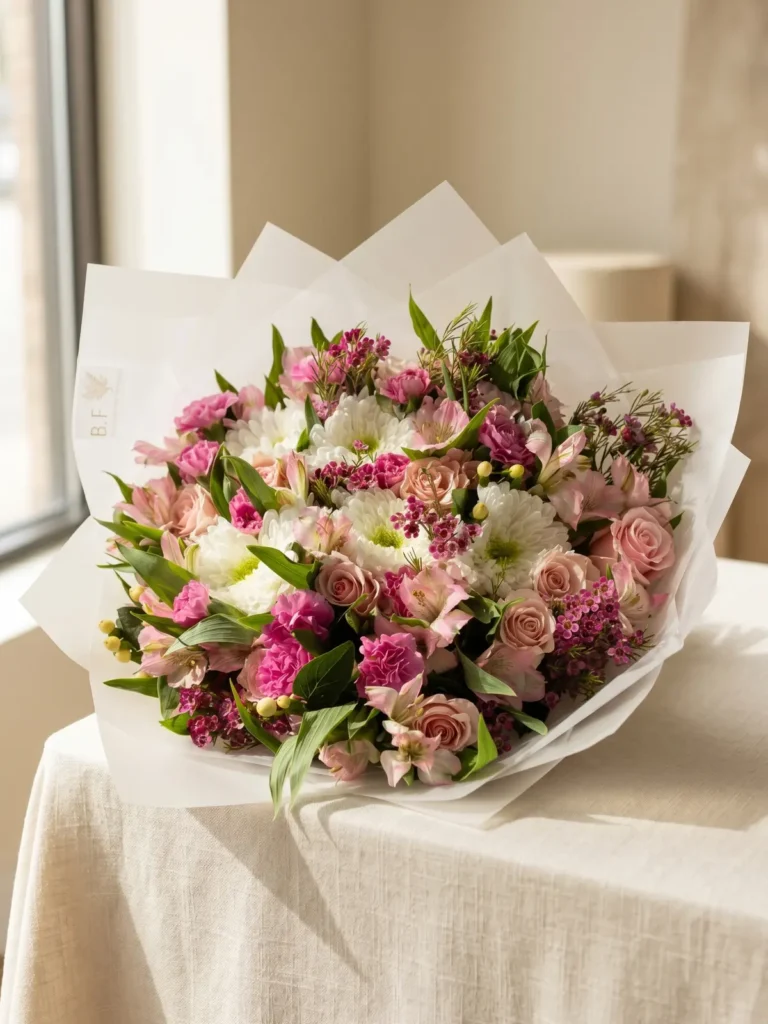 Lexington Common Garden Mix Roses, Garden Roses, Lilies bouquet in White, Cream & Ivory and Blush, Pink & Pastel for premium flower delivery in Boston