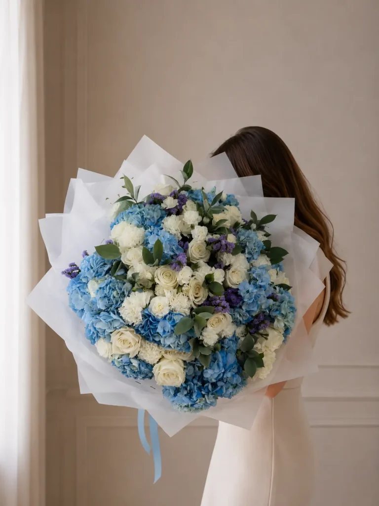 Marblehead Regatta Grand Mix Roses, Hydrangeas, Mixed Flowers bouquet in White, Cream & Ivory and Blue & Palette Mix for premium flower delivery in Boston
