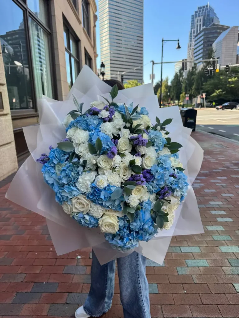 Marblehead Regatta Grand Mix Roses, Hydrangeas, Mixed Flowers bouquet in White, Cream & Ivory and Blue & Palette Mix for premium flower delivery in Boston