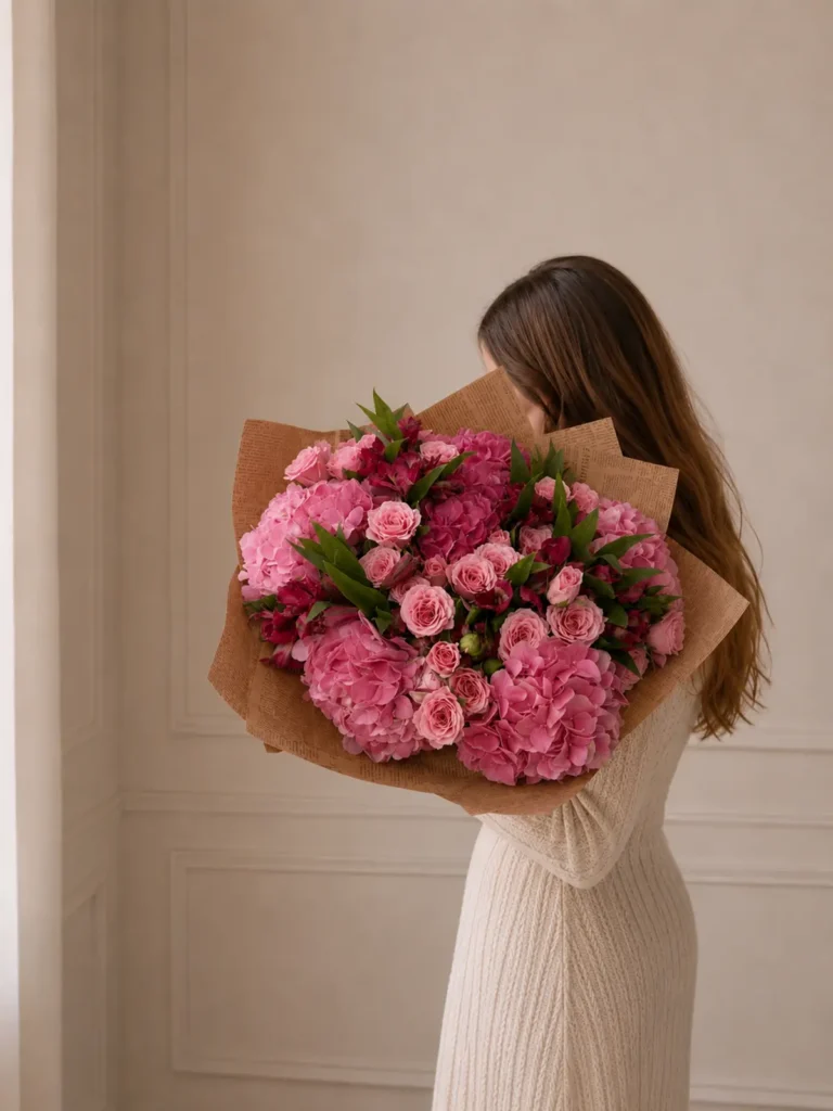 Martha’s Vineyard Berry Estate Mix Hydrangeas, Roses, Mixed Flowers bouquet in Blush, Pink & Pastel and Purple, Lavender & Violet for premium flower delivery in Boston
