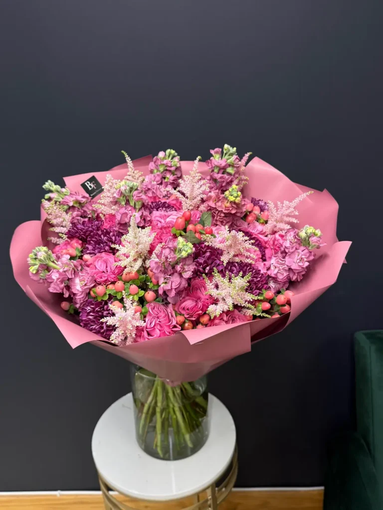 Martha’s Vineyard Magenta Roses, Matthiola & Delphinium, Garden Roses bouquet in Blush, Pink & Pastel and Burgundy & Plum for premium flower delivery in Boston