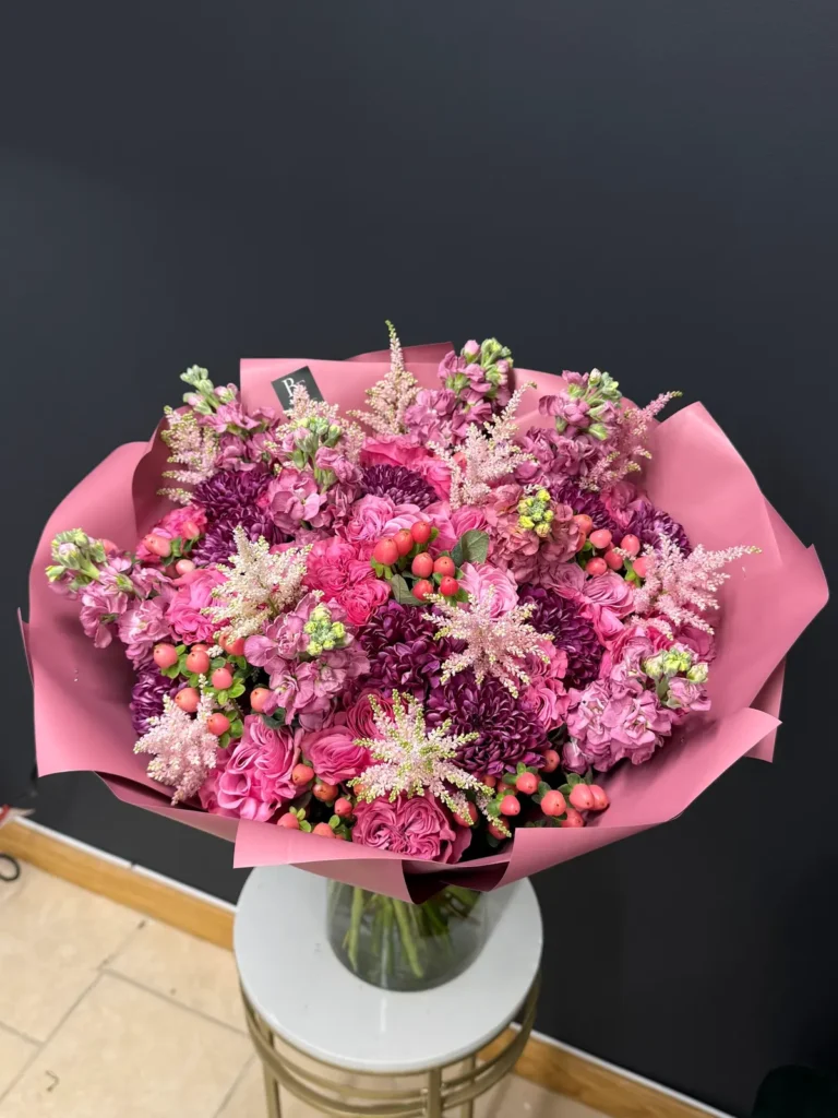 Martha’s Vineyard Magenta Roses, Matthiola & Delphinium, Garden Roses bouquet in Blush, Pink & Pastel and Burgundy & Plum for premium flower delivery in Boston