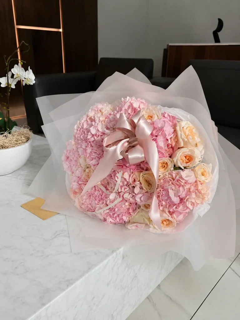 Nantucket Mist Hydrangea Arrangement Roses, Hydrangeas, Mixed Flowers bouquet in White, Cream & Ivory and Blush, Pink & Pastel for premium flower delivery in Boston