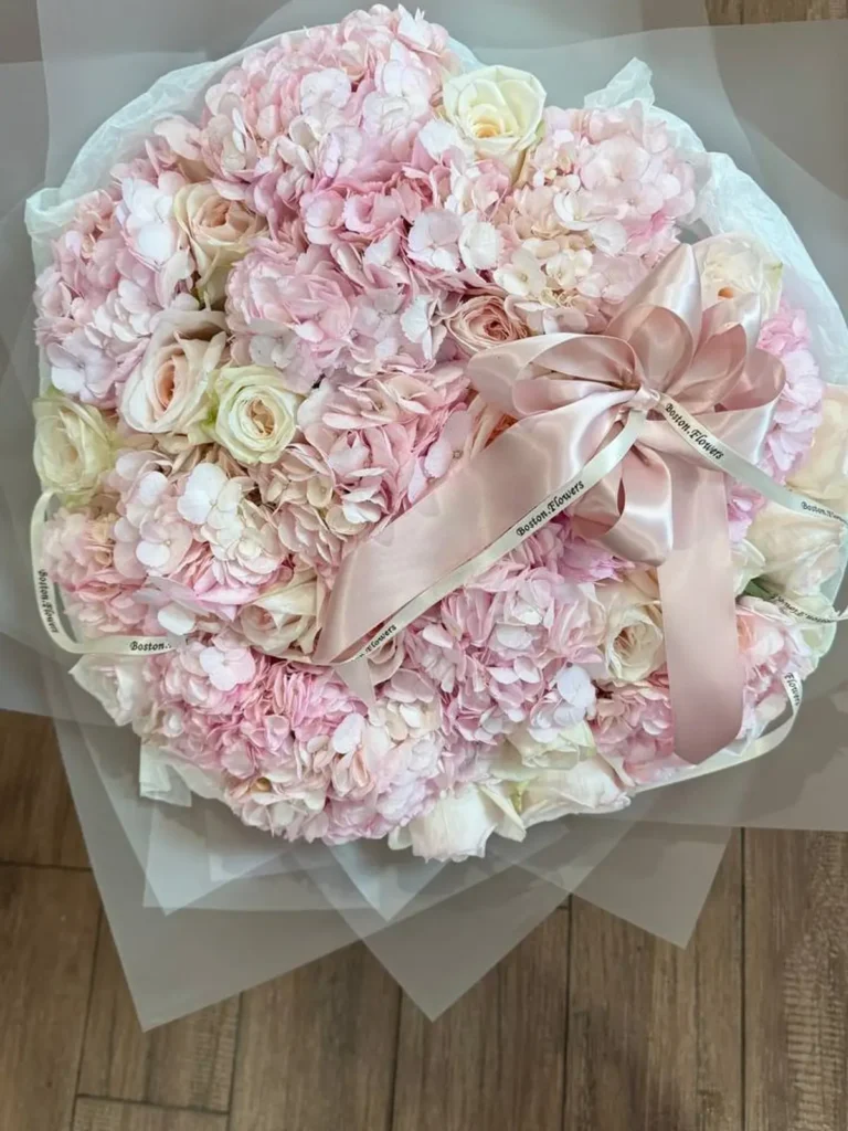 Nantucket Mist Hydrangea Arrangement Roses, Hydrangeas, Mixed Flowers bouquet in White, Cream & Ivory and Blush, Pink & Pastel for premium flower delivery in Boston