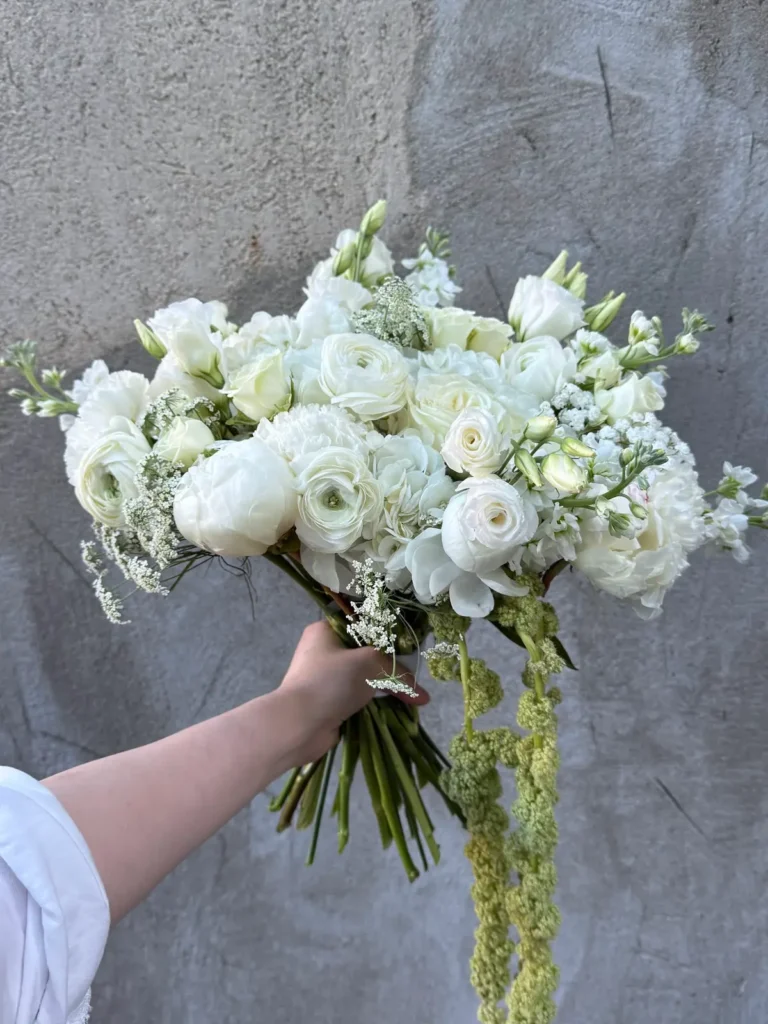 Newport Heritage Bridal Bouquet Roses, Peonies, Ranunculus & Anemones bouquet in White, Cream & Ivory for premium flower delivery in Boston