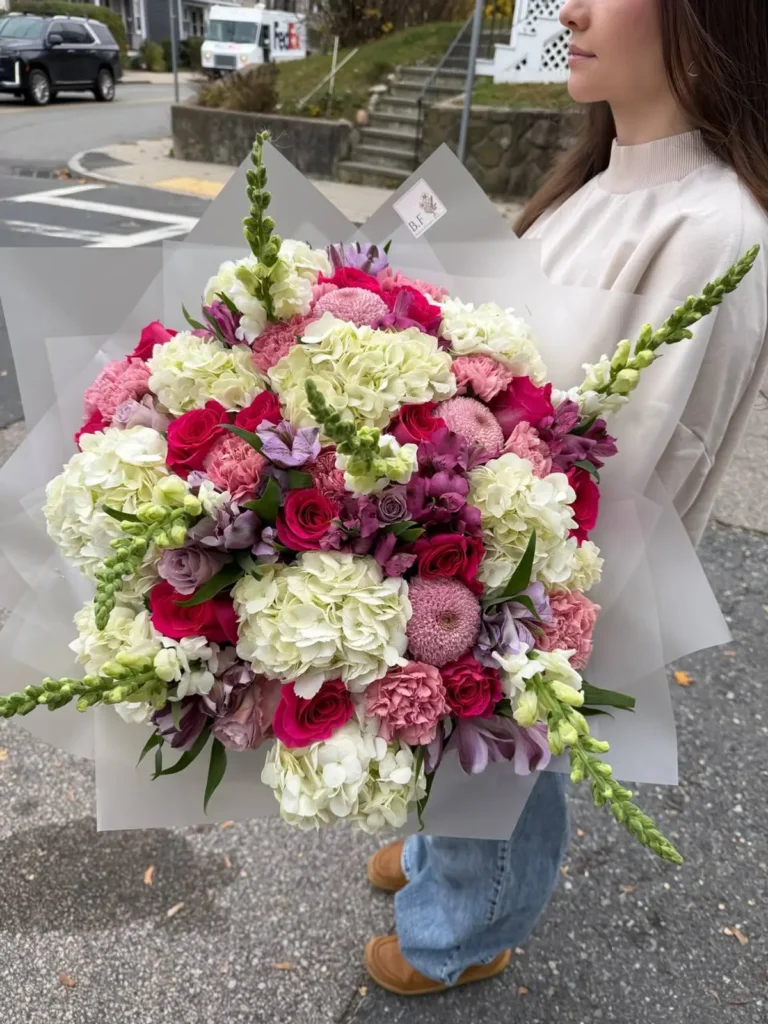Newton Estate Mix Roses, Garden Roses, Hydrangeas bouquet in White, Cream & Ivory and Blush, Pink & Pastel for premium flower delivery in Boston