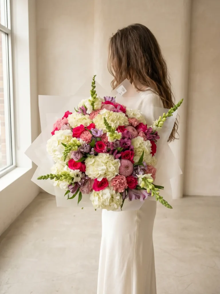 Newton Estate Mix Roses, Garden Roses, Hydrangeas bouquet in White, Cream & Ivory and Blush, Pink & Pastel for premium flower delivery in Boston