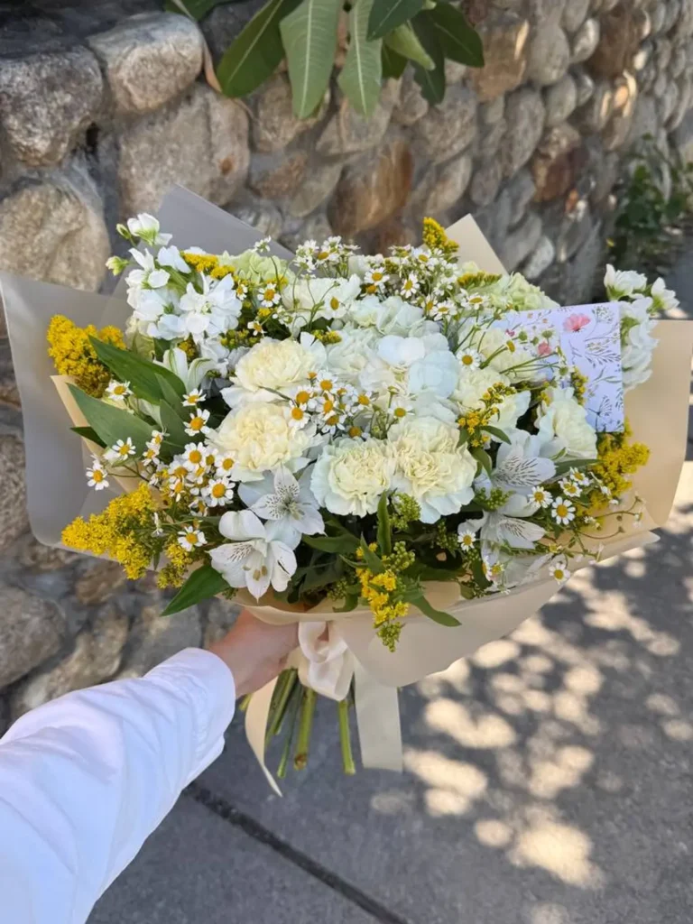 Pioneer Valley Meadow Breeze Hydrangeas, Matthiola & Delphinium, Mixed Flowers bouquet in White, Cream & Ivory and Yellow & Orange / Vibrant for premium flower delivery in Boston