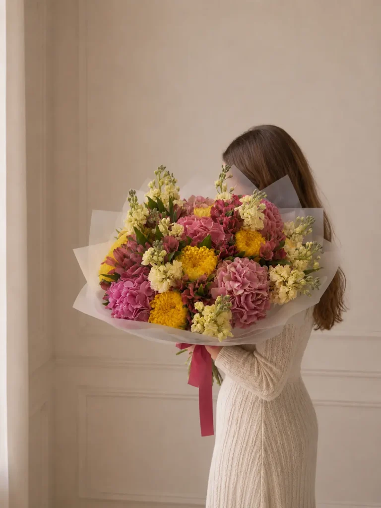 Salem Autumnal Radiance Garden Mix Hydrangeas, Matthiola & Delphinium, Mixed Flowers bouquet in Blush, Pink & Pastel and Yellow & Orange / Vibrant for premium flower delivery in Boston