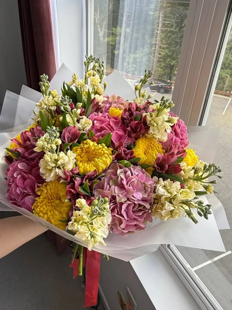 Salem Autumnal Radiance Garden Mix Hydrangeas, Matthiola & Delphinium, Mixed Flowers bouquet in Blush, Pink & Pastel and Yellow & Orange / Vibrant for premium flower delivery in Boston