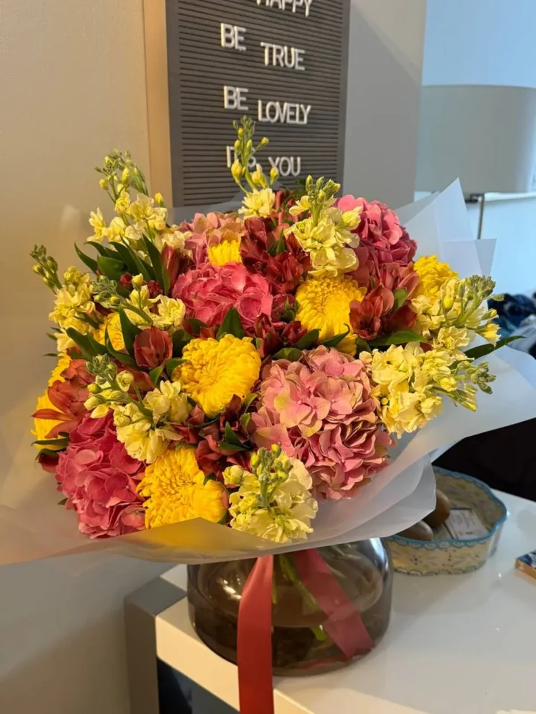 Salem Autumnal Radiance Garden Mix Hydrangeas, Matthiola & Delphinium, Mixed Flowers bouquet in Blush, Pink & Pastel and Yellow & Orange / Vibrant for premium flower delivery in Boston
