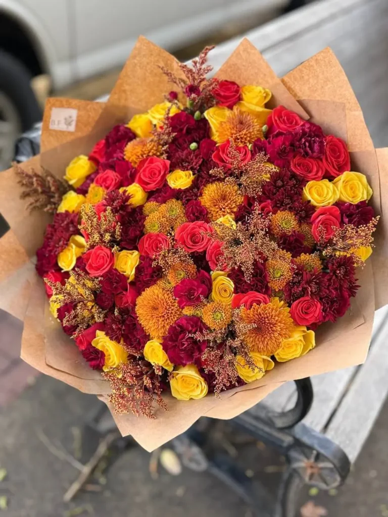 Salem Harvest Ember Grand Mix Roses, Mixed Flowers bouquet in Yellow & Orange / Vibrant and Burgundy & Plum for premium flower delivery in Boston