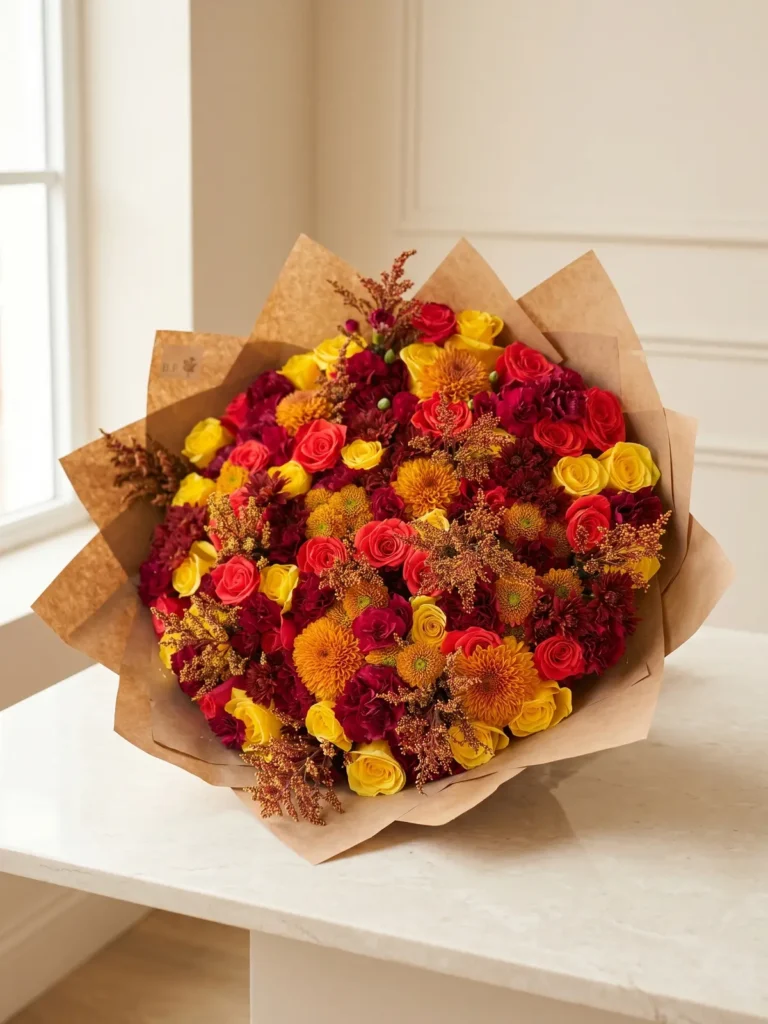 Salem Harvest Ember Grand Mix Roses, Mixed Flowers bouquet in Yellow & Orange / Vibrant and Burgundy & Plum for premium flower delivery in Boston