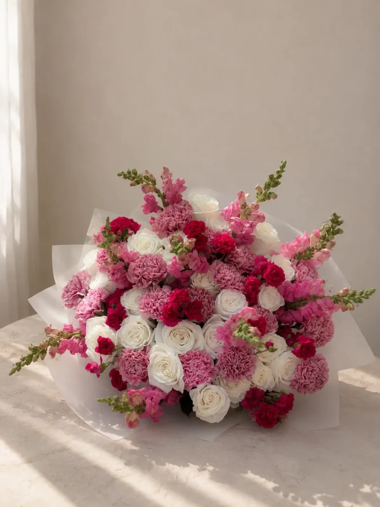 Seaport District Evening Glow Mix Roses, Mixed Flowers bouquet in White, Cream & Ivory and Blush, Pink & Pastel for premium flower delivery in Boston
