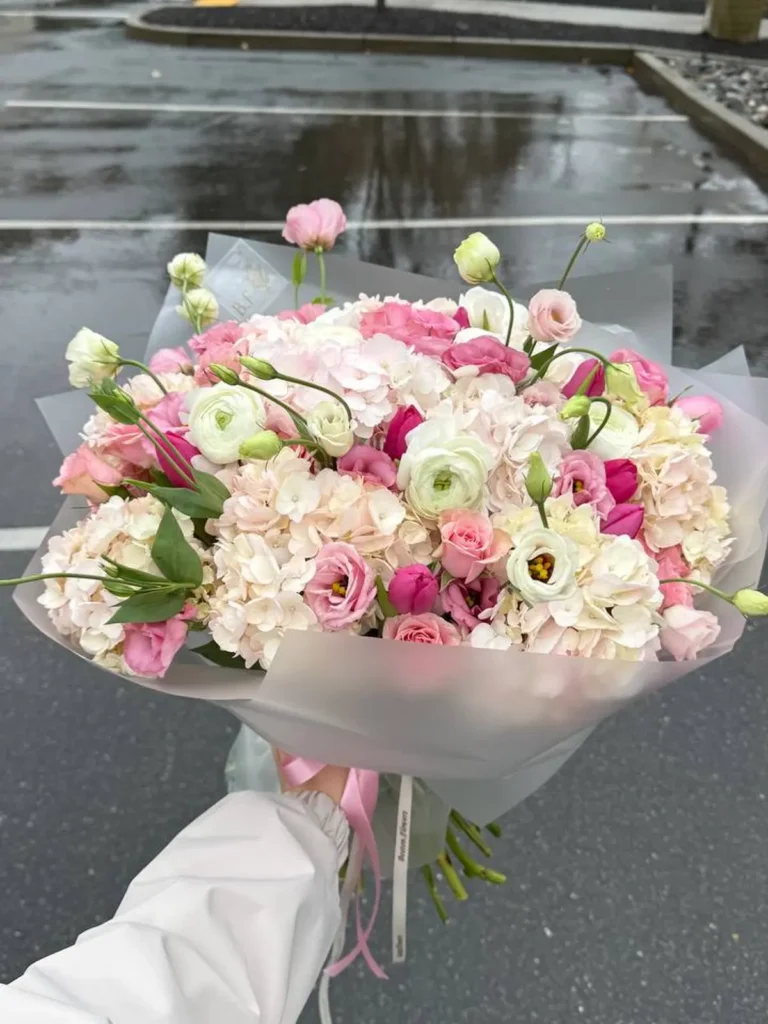 Wellesley Garden Whispers Pastel Mix Roses, Hydrangeas, Ranunculus & Anemones bouquet in White, Cream & Ivory and Blush, Pink & Pastel for premium flower delivery in Boston