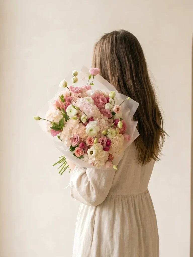 Wellesley Garden Whispers Pastel Mix Roses, Hydrangeas, Ranunculus & Anemones bouquet in White, Cream & Ivory and Blush, Pink & Pastel for premium flower delivery in Boston