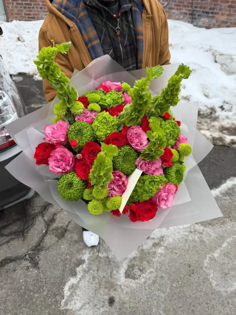 Allston Indie Beat Garden Roses, Hydrangeas, Mixed Flowers bouquet in Red & Crimson and Blue & Palette Mix for premium flower delivery in Boston