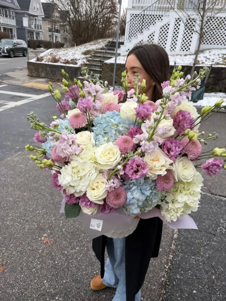 Back Bay Boulevard Planter Roses, Hydrangeas, Mixed Flowers bouquet in White, Cream & Ivory and Blush, Pink & Pastel and Purple, Lavender & Violet and Blue & Palette Mix for premium flower delivery in Boston