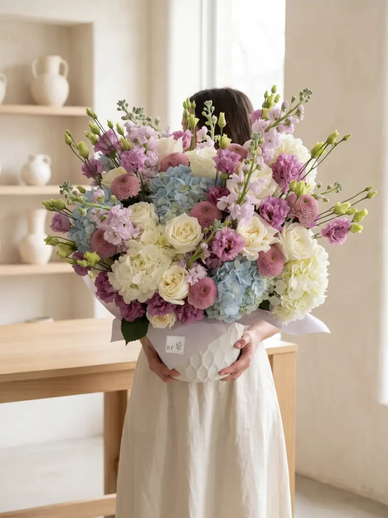 Back Bay Boulevard Planter Roses, Hydrangeas, Mixed Flowers bouquet in White, Cream & Ivory and Blush, Pink & Pastel and Purple, Lavender & Violet and Blue & Palette Mix for premium flower delivery in Boston