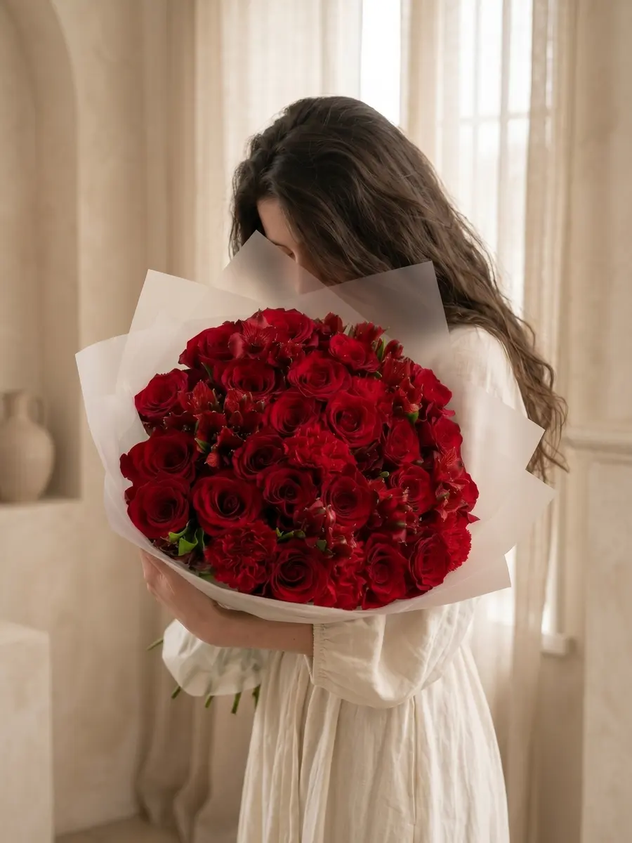 Back Bay Crimson Symphony Roses, Mixed Flowers bouquet in Red & Crimson for premium flower delivery in Boston