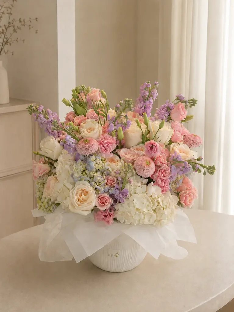 Beacon Hill Pastel Symphony Garden Roses, Hydrangeas, Mixed Flowers bouquet in White, Cream & Ivory and Blush, Pink & Pastel and Purple, Lavender & Violet and Blue & Palette Mix for premium flower delivery in Boston