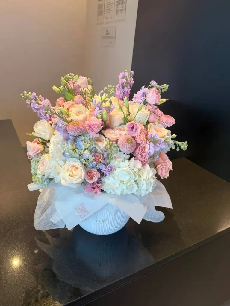 Beacon Hill Pastel Symphony Garden Roses, Hydrangeas, Mixed Flowers bouquet in White, Cream & Ivory and Blush, Pink & Pastel and Purple, Lavender & Violet and Blue & Palette Mix for premium flower delivery in Boston