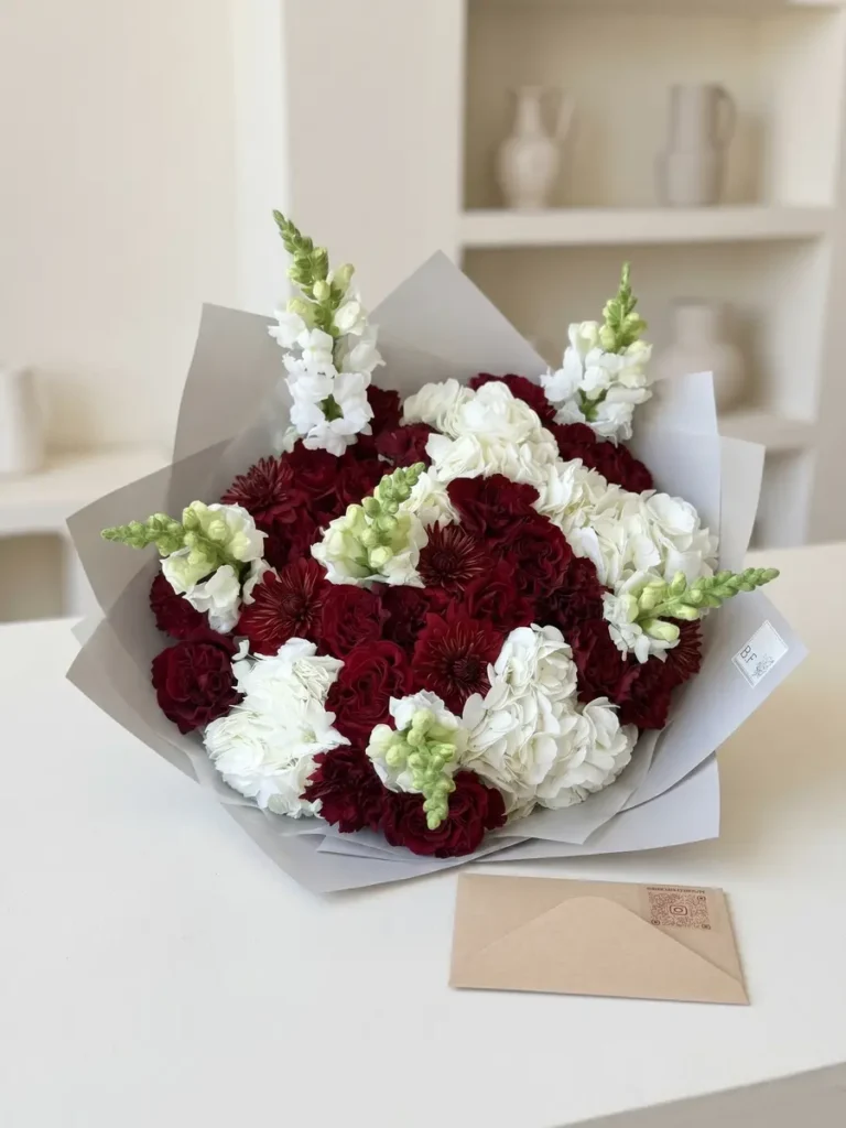 Beacon Hill Rouge Garden Roses, Hydrangeas, Mixed Flowers bouquet in White, Cream & Ivory and Red & Crimson and Burgundy & Plum for premium flower delivery in Boston