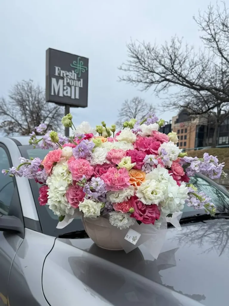 Brookline Meadow Serenade Garden Roses, Hydrangeas, Mixed Flowers bouquet in White, Cream & Ivory and Blush, Pink & Pastel and Yellow & Orange / Vibrant and Purple, Lavender & Violet for premium flower delivery in Boston