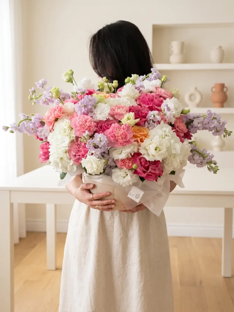 Brookline Meadow Serenade Garden Roses, Hydrangeas, Mixed Flowers bouquet in White, Cream & Ivory and Blush, Pink & Pastel and Yellow & Orange / Vibrant and Purple, Lavender & Violet for premium flower delivery in Boston