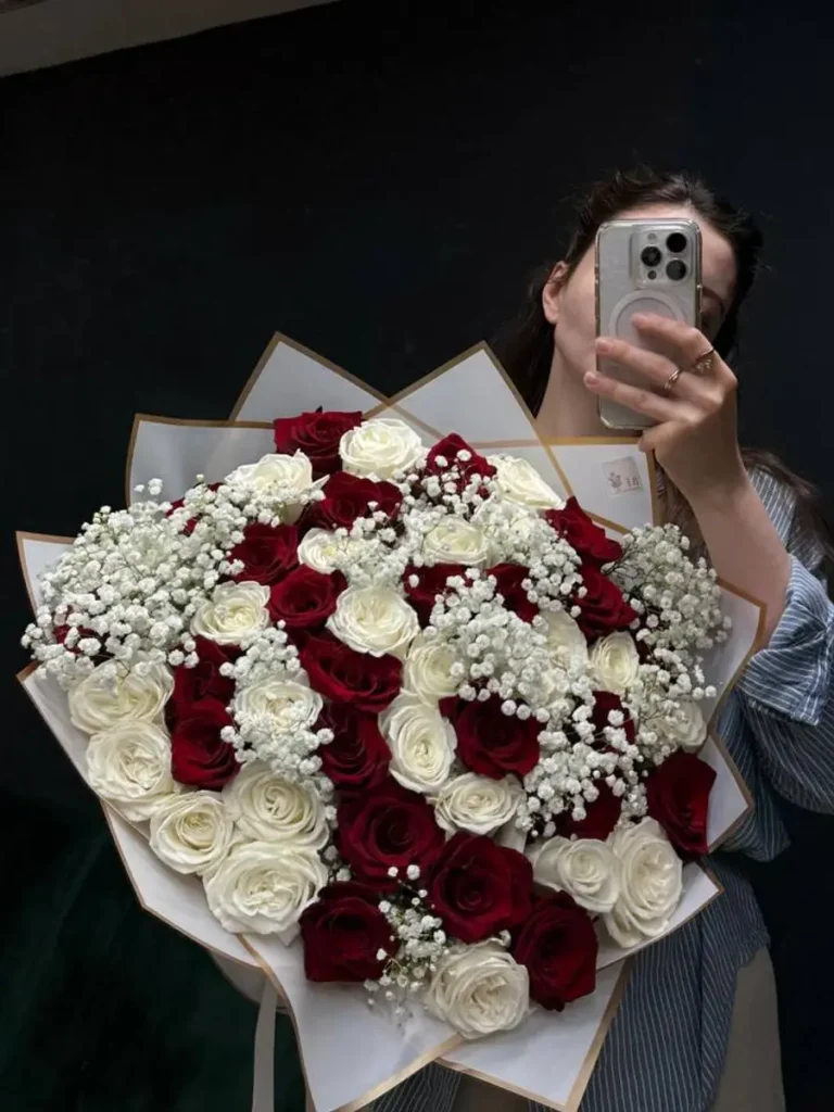 Cambridge Crimson & Ivory Roses, Mixed Flowers bouquet in Red & Crimson and White, Cream & Ivory for premium flower delivery in Boston