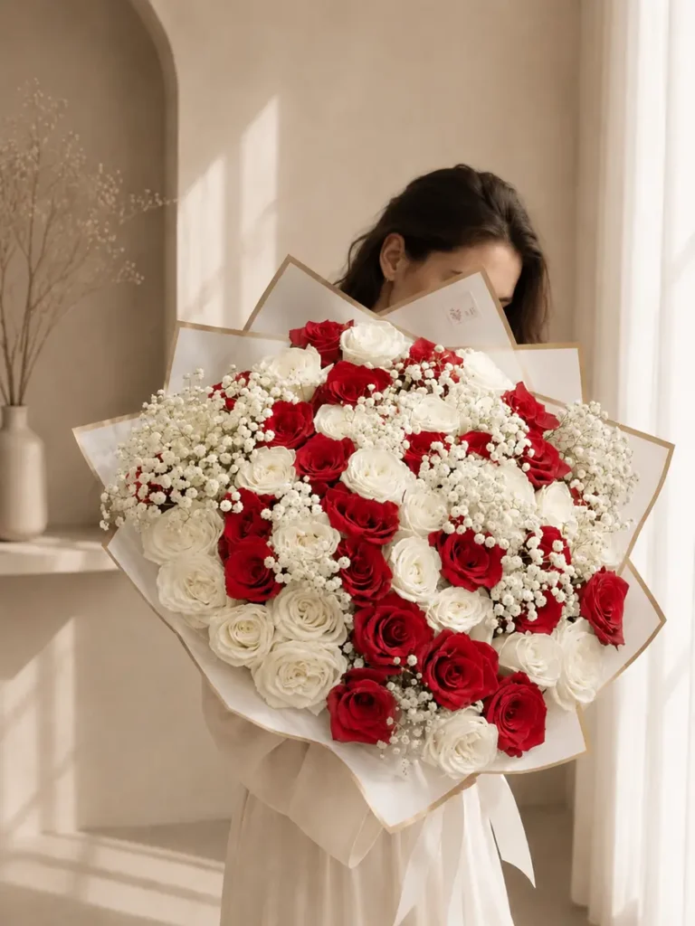 Cambridge Crimson & Ivory Roses, Mixed Flowers bouquet in Red & Crimson and White, Cream & Ivory for premium flower delivery in Boston