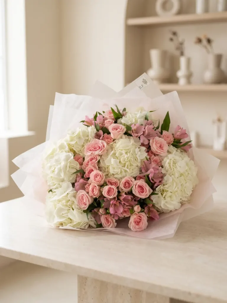 Cambridge Garden Glow Garden Roses, Hydrangeas, Mixed Flowers bouquet in White, Cream & Ivory and Blush, Pink & Pastel for premium flower delivery in Boston