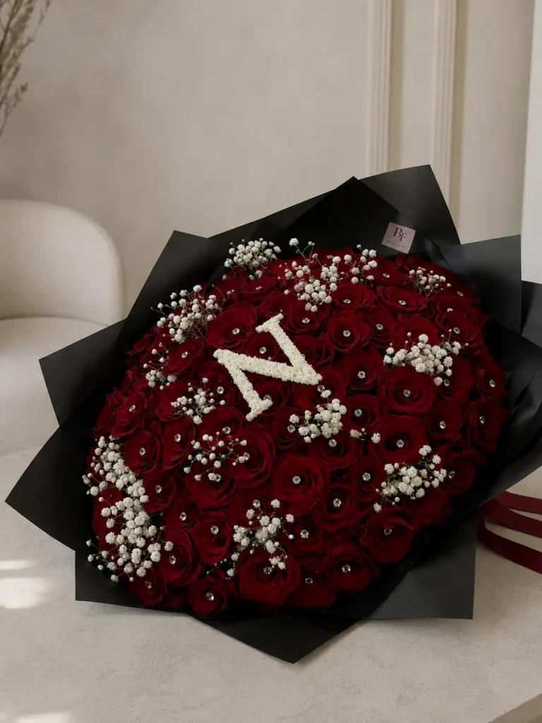 Chestnut Hill Monogram Rouge Roses, Mixed Flowers bouquet in Red & Crimson and Burgundy & Plum for premium flower delivery in Boston